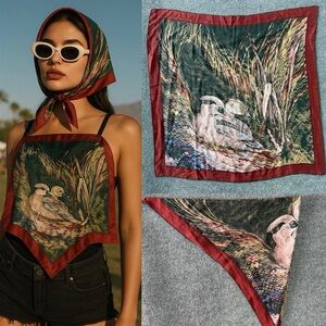 RARE Vintage Silk Scarf Square Duck Wildlife Nature Print 31.5” Head Wrap hair